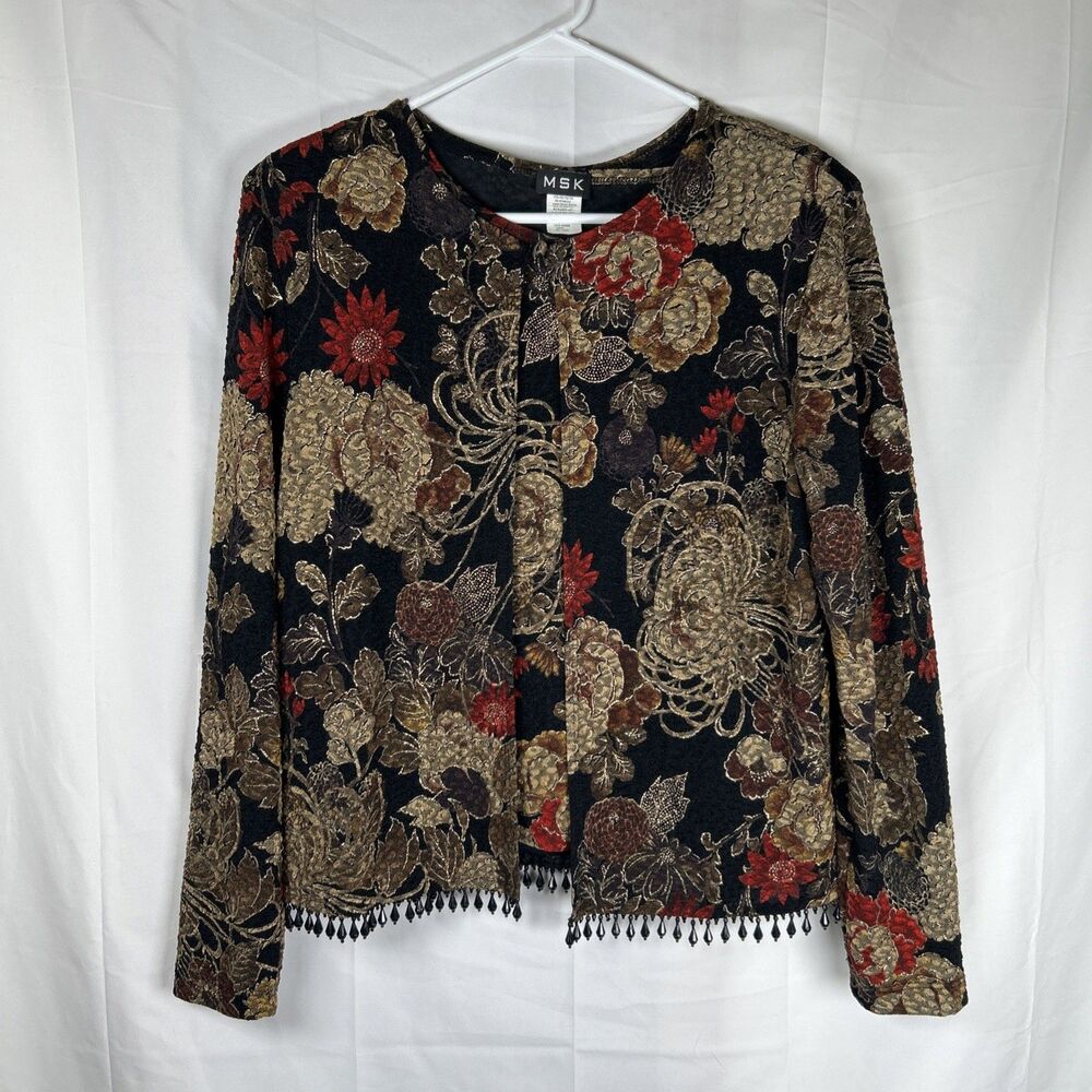 Vintage Set MSK Black Floral Brocade Beaded Hem Evening Cardigan With Top Large